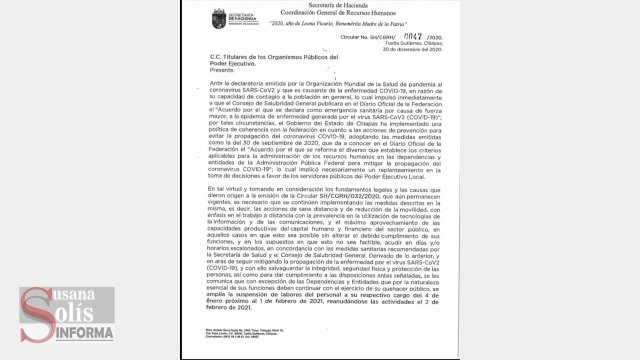 Susana Solis Informa BUROCRACIA regresa a labores hasta el 2 de febrero de 2021