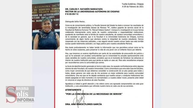 Susana Solis Informa RENUNCIA directora y Coordinador de la Facultad de Medicina de la UNACH