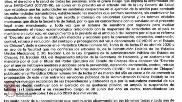 Susana Solis Informa AMPLÍAN suspensión de labores en #Chiapas hasta el 30 de Junio