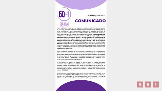 Susana Solis Informa RECONOCE Colectiva 50 +1 aprobación del Congreso del Estado de interrupción de embarazo en caso de violación