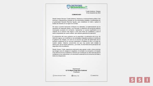 Susana Solis Informa Reconoce Canaco acciones para restablecer el Estado de Derecho en Chiapas