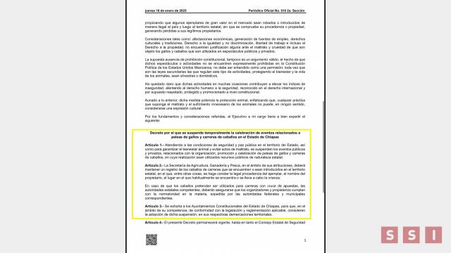 Susana Solis Informa POR DECRETO; su suspenden peleas de gallos y carreras de caballos en Chiapas