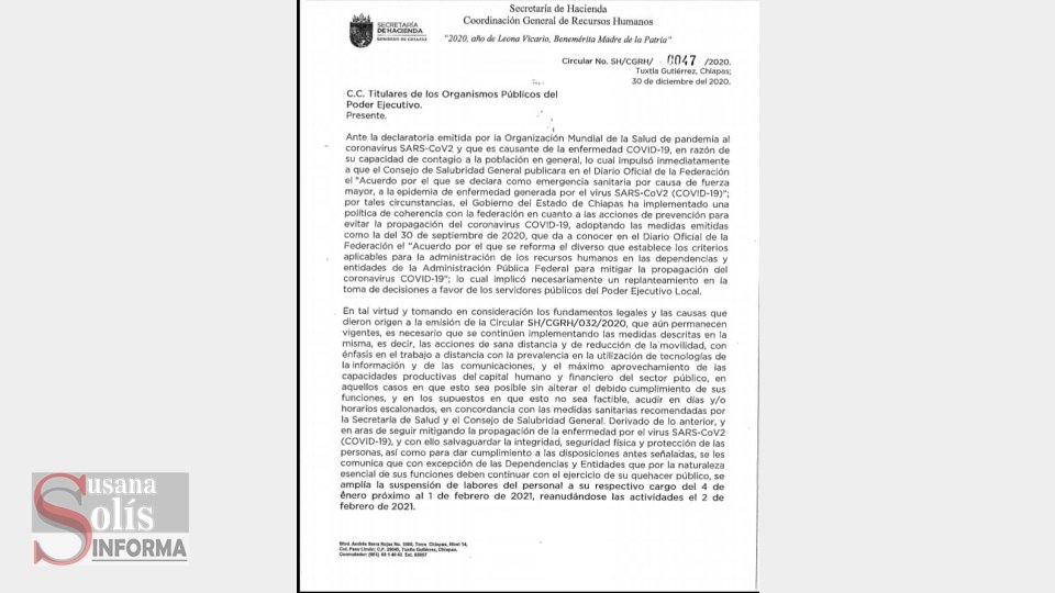 BUROCRACIA regresa a labores hasta el 2 de febrero de 2021 - Susana Solis Informa