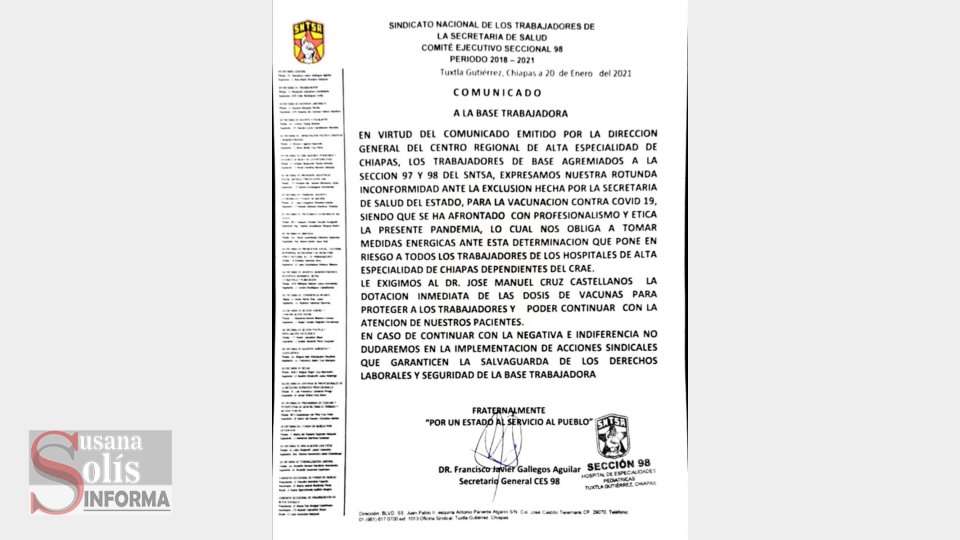 Exigieron al titular de salud en Chiapas, José Manuel Cruz Castellanos, “la dotación inmediata de las dosis de vacunas para proteger a los trabajadores