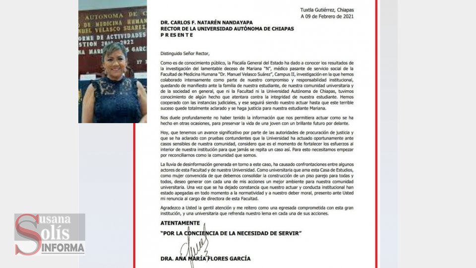 RENUNCIA directora y Coordinador de la Facultad de Medicina de la UNACH Susana Solis Informa