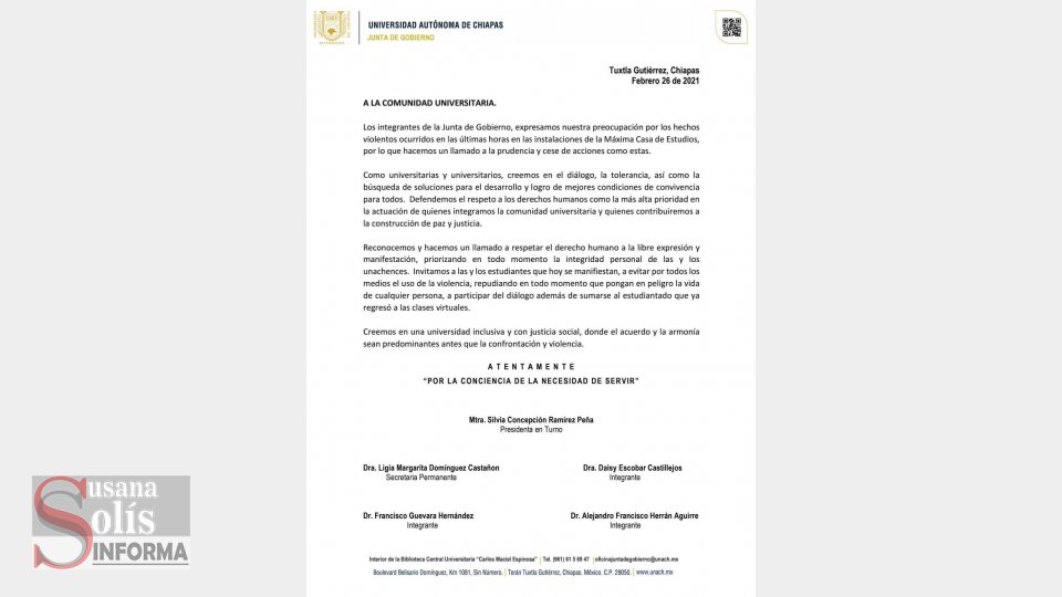 UNACH llama al dialogo a comunidad estudiantil Susana Solis Informa