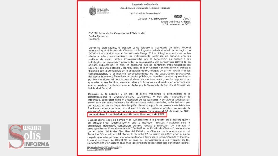 Reanudarán actividades el día lunes 3 de mayo de 2021