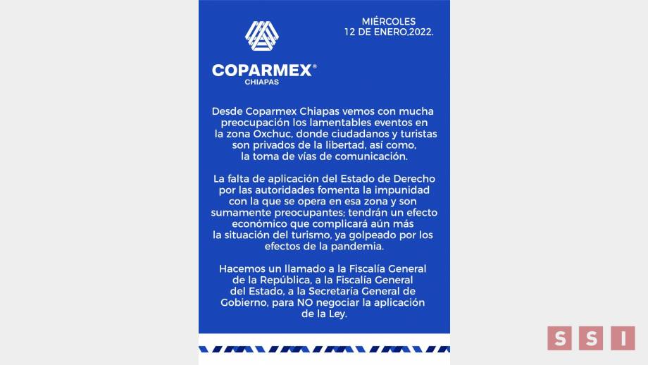 LLAMA COPARMEX a FGE de Chiapas a aplicar la ley Susana Solis Informa