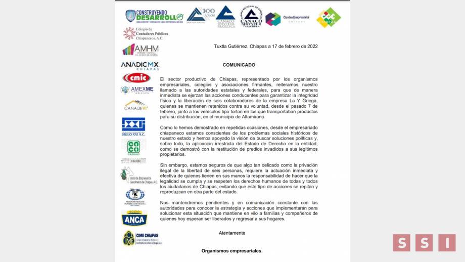 EMPRESARIOS piden la liberación de seis personas retenidas en Altamirano Susana Solis Informa