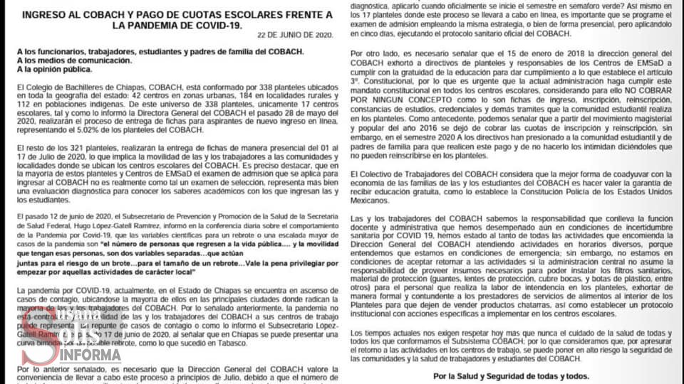 EN PLENA PANDEMIA COBACH pone en riesgo a sus trabajadores Susana Solis Informa