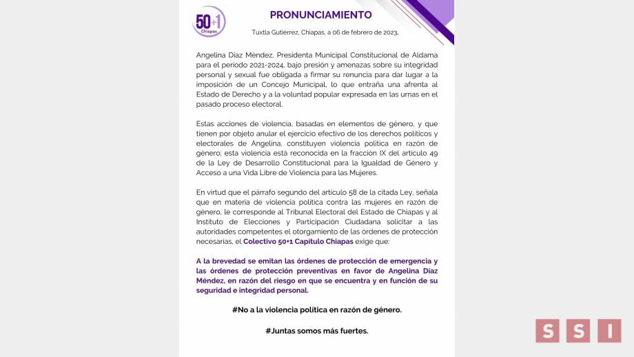 Pide Colectivo 50+1 medidas de protección para alcaldesa de Aldama - Susana Solis Informa