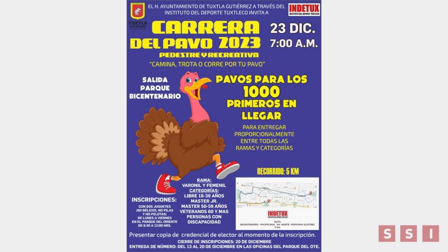 Mil personas podrán ganar un pavo en la próxima carrera del Ayuntamiento de Tuxtla Susana Solis Informa