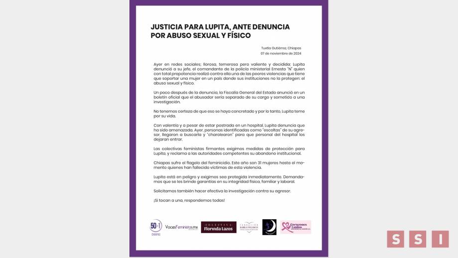 EXIGEN colectivas feministas garantías a mujer policía de la FGE agredida por comandante - Susana Solis Informa