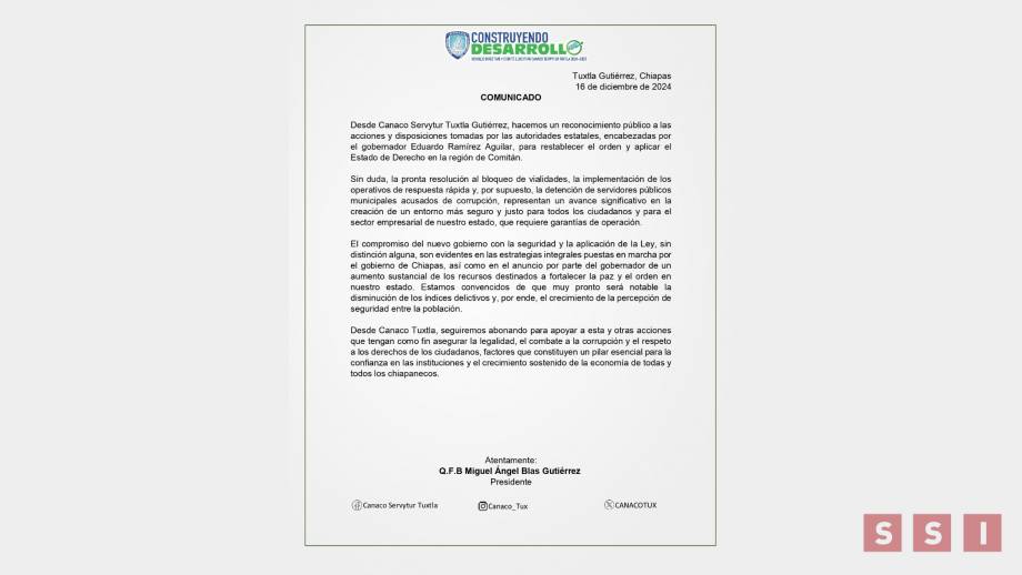 Reconoce Canaco acciones para restablecer el Estado de Derecho en Chiapas - Susana Solis Informa