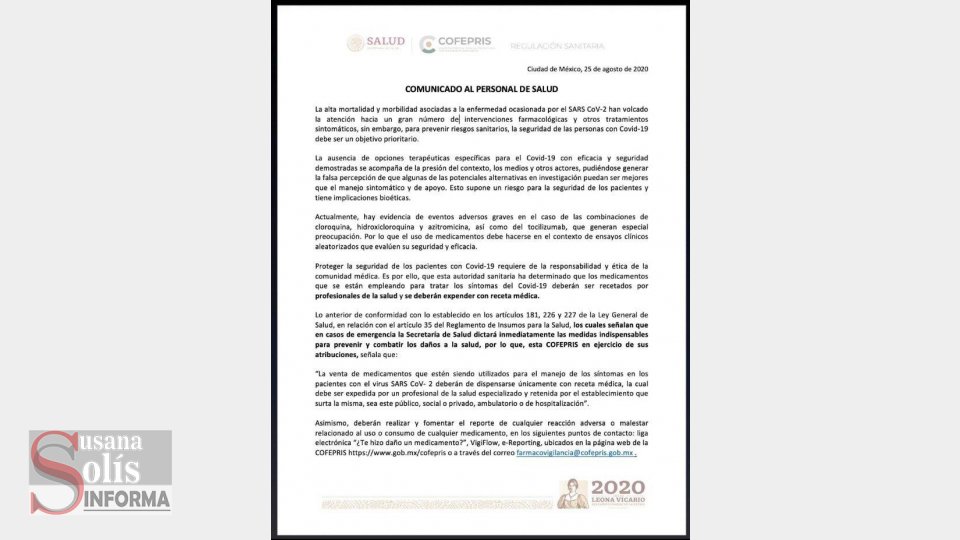 PROHIBE COFEPRIS venta libre de medicamentos para Covid-19 Susana Solis Informa